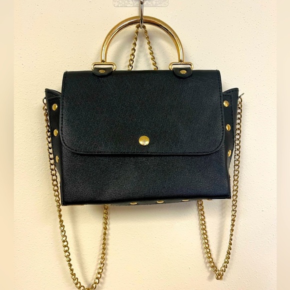 Black Handbag with Gold Accents Versatile Gold Studded Leather Shoulder Bag - Picture 1 of 15